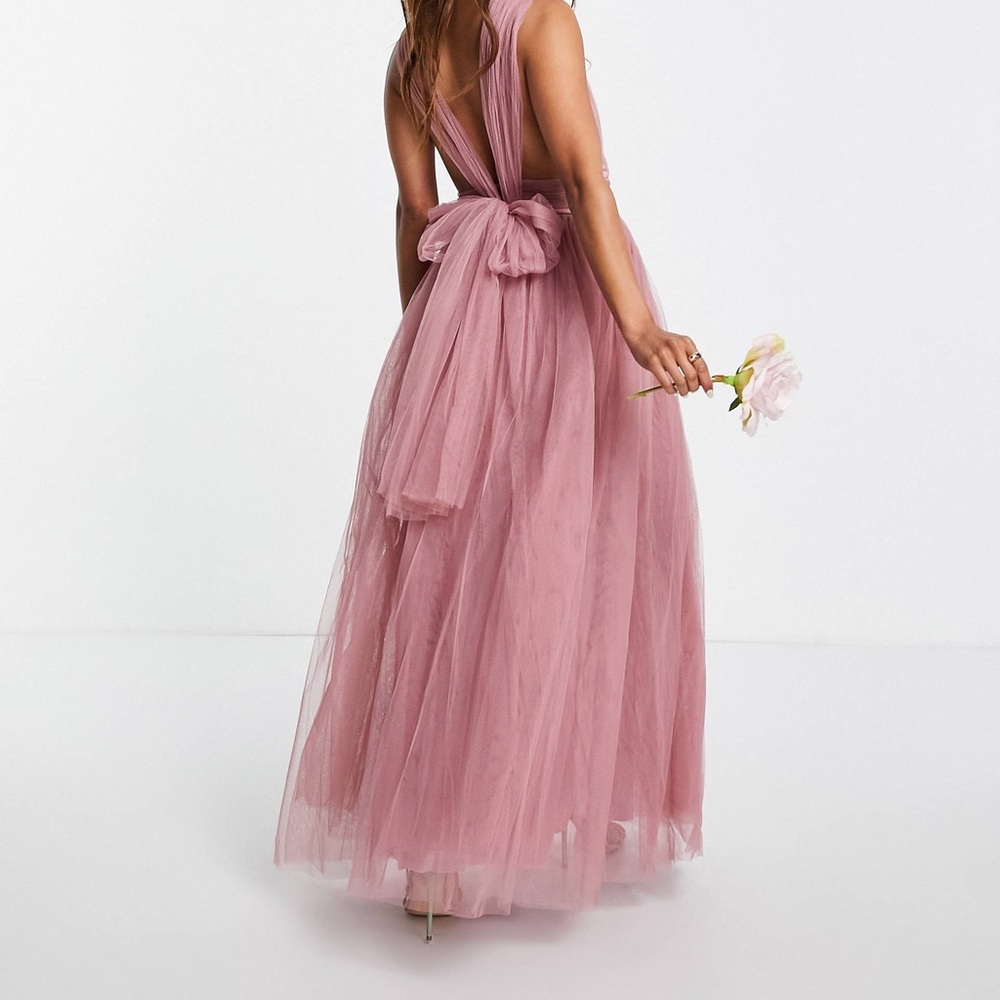 Rose tulle plunge (knee length) dress with back detail - Picture 3 of 5